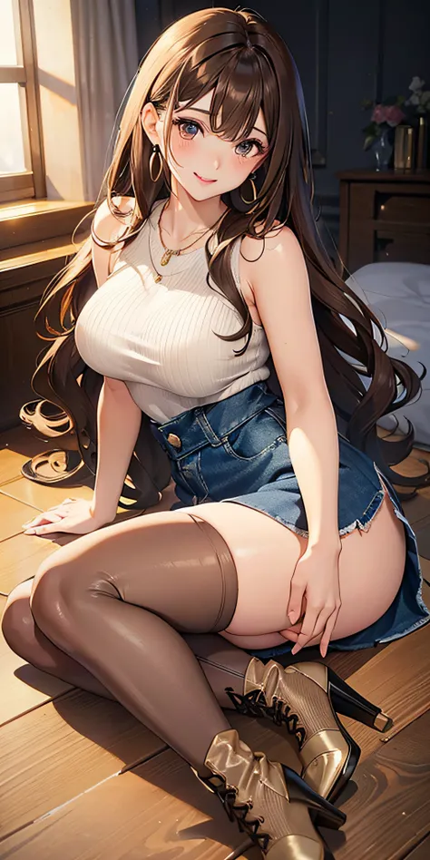 Adult Woman、Beauty Announcer、long brown hair、waved hair、Brown Eye, lip stick, Smile, masutepiece, hiquality、sexy  pose、Light beige sleeveless knit、Shoulder out、medium large breasts、soft boob、Denim Mini Skirt、knee high stockings、high heels boots、Luxurious e...