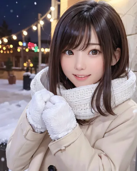 (A close-up of one girl is、I have long hair with dull bangs in a winter uniform and scarf coat:1.5)、(One girl with a shy smile、Holding a gift box with gloves in hand:1.5)、(Snowy winter night street corner with Christmas lights:1.5)、(Perfect Anatomy:1.3)、(N...