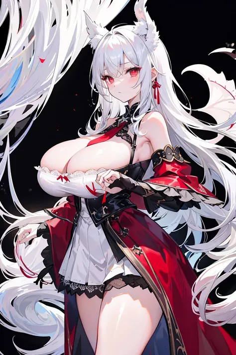 1girll，In the daytime，White dragon horn，Light，divino，Gorgeous lace lingerie，huge tit，blacksilk，Reveals lace panties，Lift the skirt，Fine details，Color gas，Big background，Long white hair，red color eyes，Chest exposed