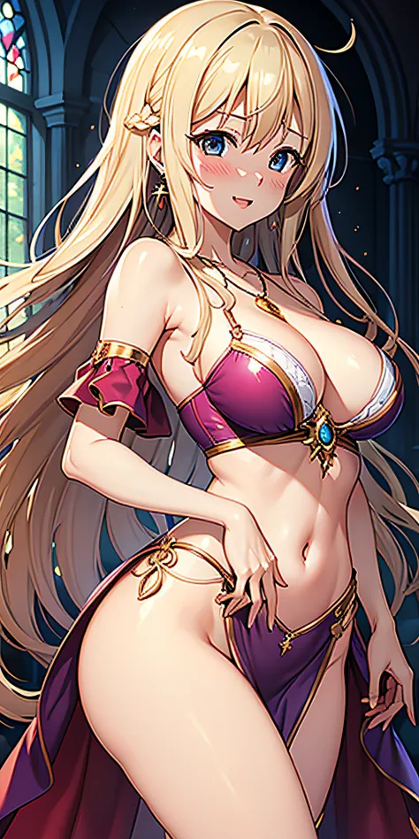 masutepiece, Best Quality,  the Extremely Detailed CG Unity 8K Wallpapers, Beauty Wizard、, (Long dark blonde wavy hair)、Off shoulder dress, Medium milk,  Puffy nipple、Beautiful necklace、large earring、Blushing, Shy laughter, Bare shoulders、sexy hips、sexy un...