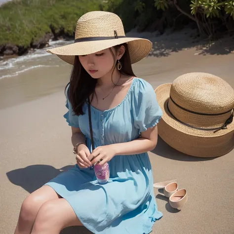 20yr old、femele、Knee-length dresses、country road、Shorthair、Sit on the beach、a straw fedora hat