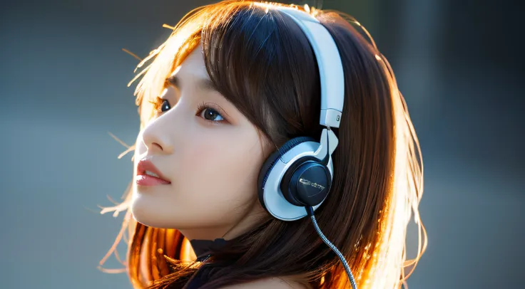 (head phone)、Listening to music、(A hyper-realistic)、(illustratio)、(hight resolution)、(8K)、(ighly detailed)、(Best Illustration)、(beautifully detailed eyes)、(top-quality)、(ultra-detailliert)、(​masterpiece)、(wall-paper）、（A detailed face）、fine detailed、pureero...