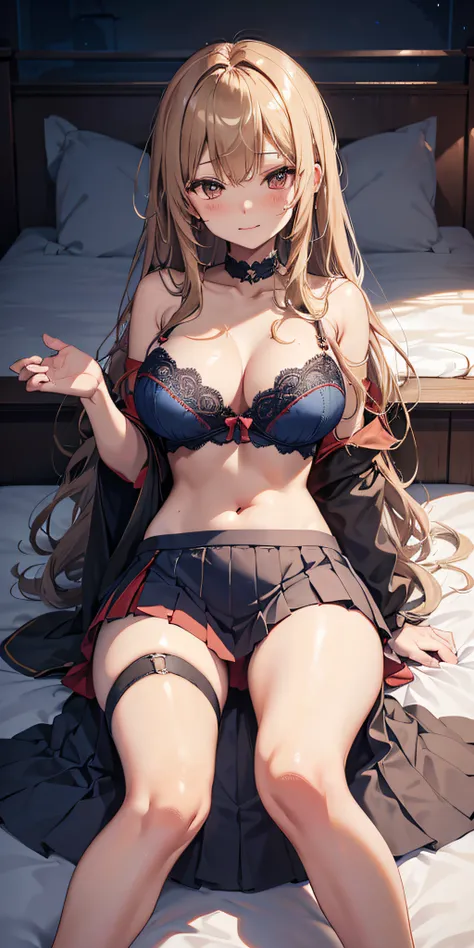 masutepiece, Best Quality,  the Extremely Detailed CG Unity 8K Wallpapers,  Sexy Witch Cosplay, Long dark blonde wavy hair、off-shoulder knit, (darkblue pleated skirt), large full breasts、soft boob, Shy laughter, Bare shoulders、sexy hips、Sexy Red Lace Bra、S...