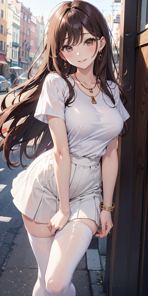 Adult Woman、Beauty Announcer、long brown hair、waved hair、Brown Eye, lip stick, Smile, masutepiece, hiquality、sexy  pose、Puffy nipple、White short-sleeved shirt、English logo on the chest of the shirt、medium large breasts、soft boob、Denim Mini Skirt、knee high s...