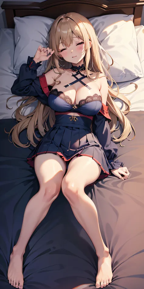 masutepiece, Best Quality,  the Extremely Detailed CG Unity 8K Wallpapers,  Sexy Witch Cosplay, Long dark blonde wavy hair、off-shoulder knit, (darkblue pleated skirt), large full breasts、soft boob, Shy laughter, Bare shoulders、sexy hips、Sexy Red Lace Bra、S...