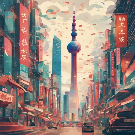 Down RT.Chapter 66 Before the big storm, retrospective, annual light display, cumulonimbus clouds, Volumetriclighting, Big sky has a poster，A picture of a city and a ship on top of the Canton Tower in Guangdong, vibrant tourism poster, Poster illustration,...