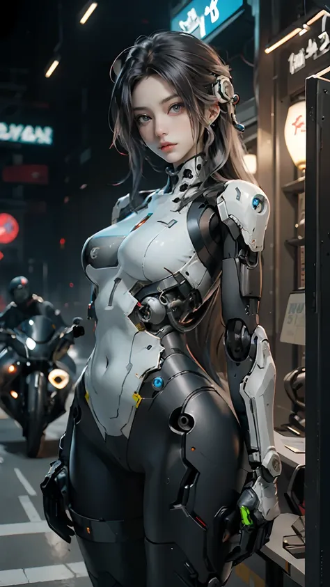 there is a woman in a futuristic outfit posing on a motorcycle, cute cyborg girl, beutiful white girl cyborg, wlop. scifi, oppai cyberpunk, perfect android girl, beutiful girl cyborg, perfect anime cyborg woman, smooth digital concept art, girl in mecha cy...