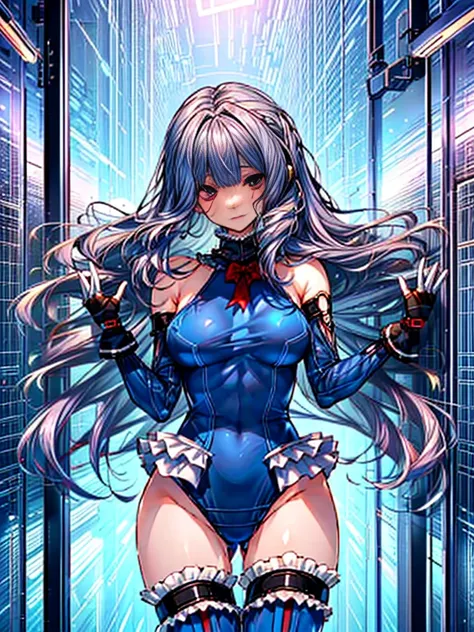 (1girl in：1.2, ( (digital) ( (Inside a facility lined with futuristic brainwashing devices:1.2), medium breasts, (fril swimsuit, thighs thighs thighs thighs, Detached sleeves)) , Best Quality, marierose,、Hypnorola
Eyes in the sky、1girl in,Emotionless facia...