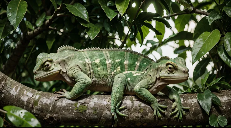 Green smiling chameleons are climbing on a ranch in a tree with green leafs, cyber punk, rain forest, very green,