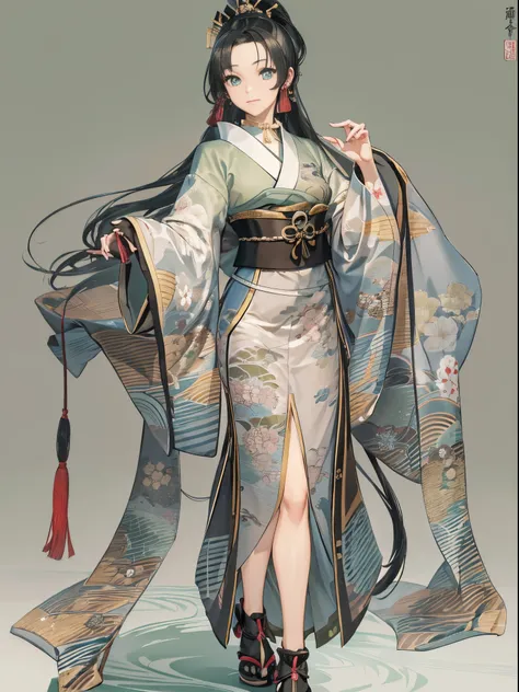 Long ponytail, Eyes are brown, Woman with black hair、sexy facial expression、wear a green kimono、beautiful japanese princess、Colossal tits、Beautiful hands in calculation、Calculated beautiful feet、Anatomy of the hand、japanese kimono、Top image quality,High qu...