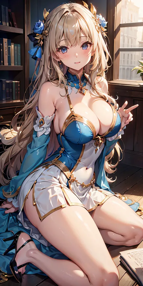 masutepiece, Best Quality,  the Extremely Detailed CG Unity 8K Wallpapers, Beauty Priestess Costume, Long dark blonde wavy hair、Gorgeous dress in white and blue, (Long flared skirt)、Luxurious hair ornaments、Medium milk,  Puffy nipple、Blushing, Shy laughter...