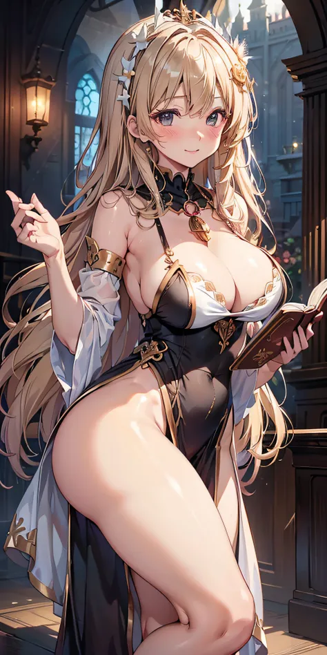 masutepiece, Best Quality,  the Extremely Detailed CG Unity 8K Wallpapers, Beauty Priestess Costume, Long dark blonde wavy hair、Gorgeous Sacred Dresses、Luxurious hair ornaments、Medium milk,  Puffy nipple、Blushing, Shy laughter, Bare shoulders、sexy hips、hig...