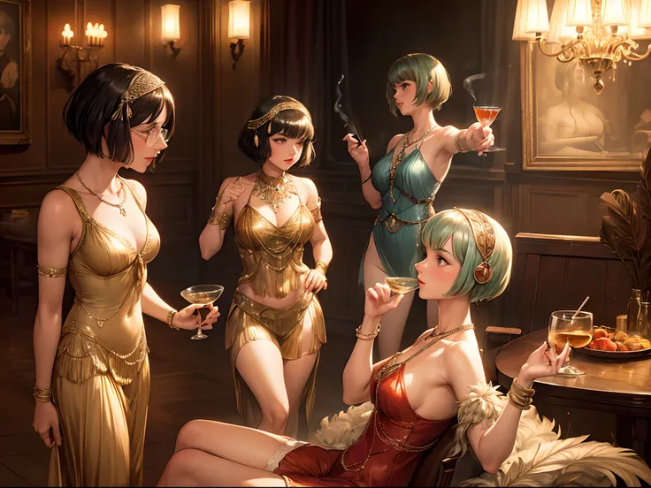 (a group of 1920s flapper girls,dancing in a speakeasy,1920s clothing and hairstyle,classic jazz music),(oil painting),(smoke-filled room,cocktail glasses,feathers,glittering jewelry),(best quality,8k resolution,HDR effect,highly detailed and realistic),(v...