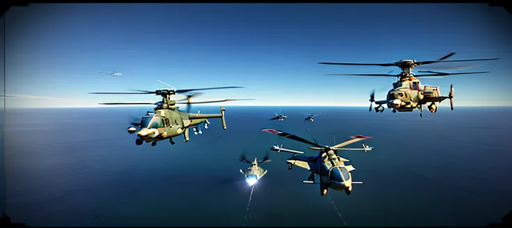 there are two helicopters flying in the sky with a blue arrow, helicopters firing, air support, dcs world style, background aerial battle, in game graphic, aerial combat, dcs world, flying ships in the background, cgi style, arma 3 screenshot, middle close...