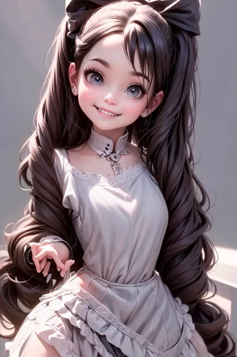 a goth girl smiling, portrait, upper body, hair bow, hair band, pixar style