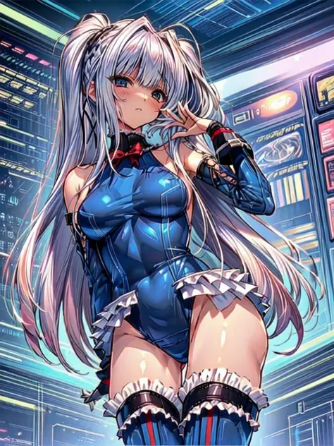 (1girl in：1.2, ( (digital) ( (Inside the base lined with futuristic culture tanks:1.2), medium breasts, (fril swimsuit, thighs thighs thighs thighs, Detached sleeves)) , Best Quality, marierose,、Hypnorola
Eyes in the sky、1girl in,Emotionless facial express...