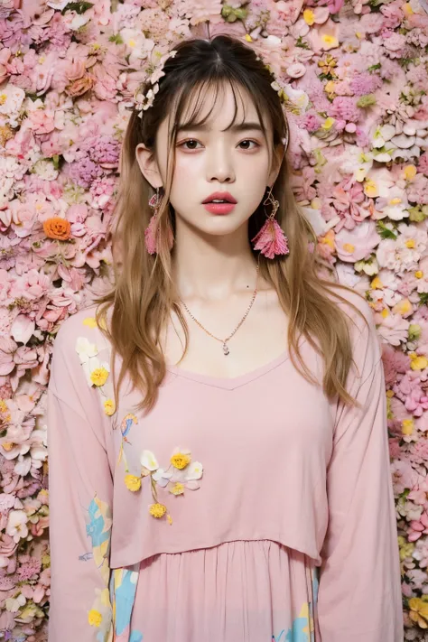 (extra detailed body、extra detailed face、best qualtiy:1.2)、femele、looking at the viewers、（Wacky fashion、dried flower、a necklace, pastel clothing、Asymmetry)、(Colorful color wall)