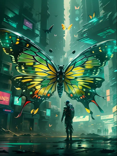 Translucent ethereal mechanical butterfly，The future king of butterflies，Mechanical wings，futuristic urban background，Beautiful sci-fi art, Sci-fi digital art illustration, Digital Cyberpunk Art, science fiction digital painting, futuristic digital paintin...