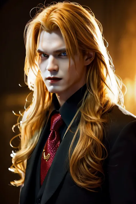 Only one man, Very handsome man, Golden hair in a long hairstyle, Red Eyes, Wearing a black suit and black wings, Vampire atmosphere