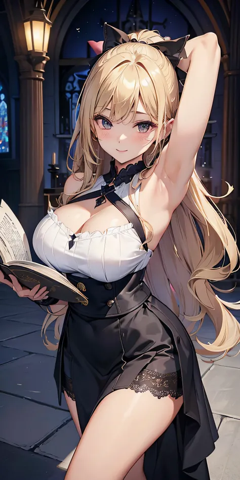 Adult Woman, Sexy Witch Cosplay, Long dark blonde wavy hair、off-shoulder knit, (Long flared skirt in dark blue), Medium milk, cute smile face、Bare shoulders、(Pose to lean forward and emphasize the chest)、(turned around)、sexy hips、Black High Heels、Luxurious...