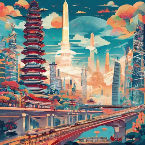 Down RT.Chapter 66 Before the big storm, retrospective, annual light display, cumulonimbus clouds, Volumetriclighting, Big sky has a poster，A picture of a city and a ship on top of the Canton Tower in Guangdong, vibrant tourism poster, Poster illustration,...