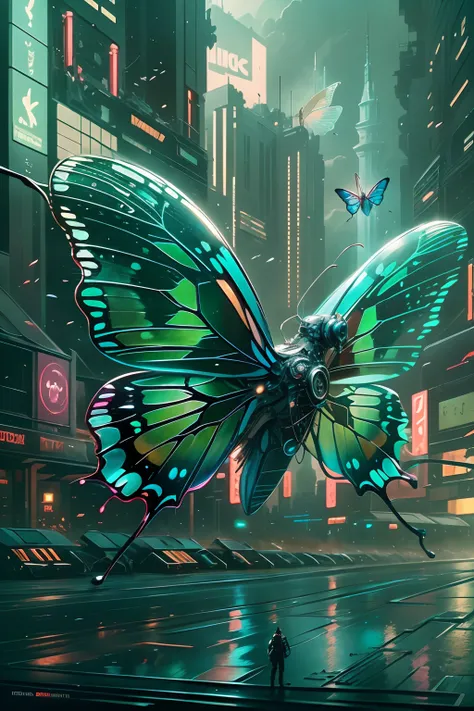 translucent ethereal mechanical butterfly，the future king of butterflies，mechanical wings，futuristic urban background，beautiful ...