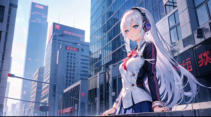 "animemanga girl, 1人, silvery white hair, eBlue eyes, with headphones on, Blouse, Girls school uniform, Smaller breasts, Hand on chin, tightsuit, Stand cross-legged, Lick lip, Side view, (Full HD 4K+ Image of a)"，City square background，looking at viewert，s...