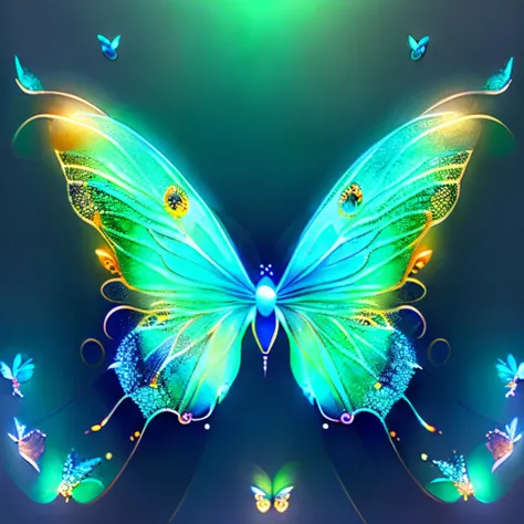 tmasterpiece，Best quality at best，(nothing but butterflies)，(NOhumans),Butterfly neon wings，From beginning to end to the end，Delicate butterflies，The sheen，inverted image，Sparkling blue-green gemstones，Elegant and noble,simple backgound