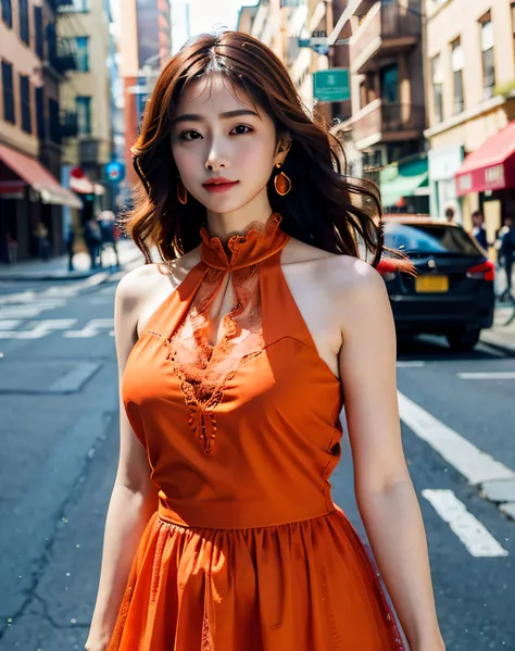 a woman posing on the street corner with light orange dress on, best quality, high res, 8k, 1girl, (huge breasts), day, bright, outdoor, (street:0.8), (people, crowds:1), (lace-trimmed dress:1.5, light orange clothes:1.5, orange high-neck dress:1.5, sleeve...