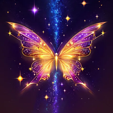 hyper HD, super detailing, Best quality at best, high detal, 1080p, 16k, A high resolution，Butterfly close-up，Butterfly with sparkling surface, amazing symmetrical wings, Magic Crystal Butterfly, Magic butterfly with diamonds, purple sparkles, gold and pur...