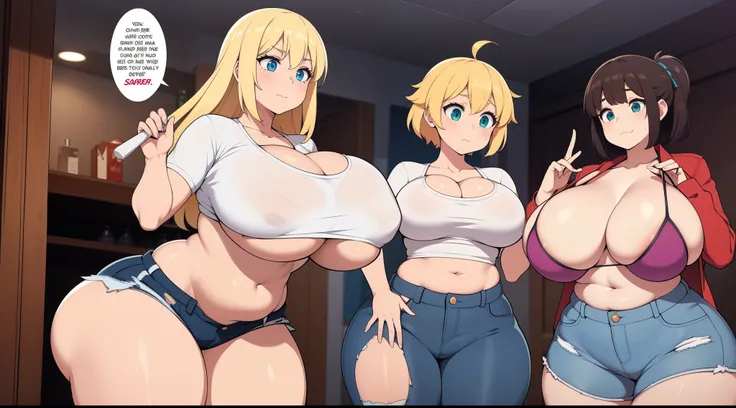 ((A high resolution)), tmasterpiece, high qulity, Best quality at best, The beautiful, perfect litthing, 详细的脸, hyper cute face, ((2 girls)), A girl has blonde hair, eBlue eyes, Skin dents in crop tops and shorts, A girl has brown hair, green-eyed, denim pa...