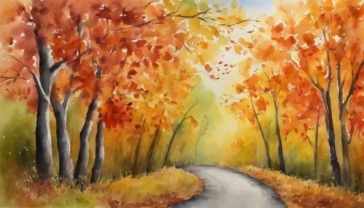 A dirt road，There are maple trees on the left and right sides，There are falling leaves，Scattered on the ground