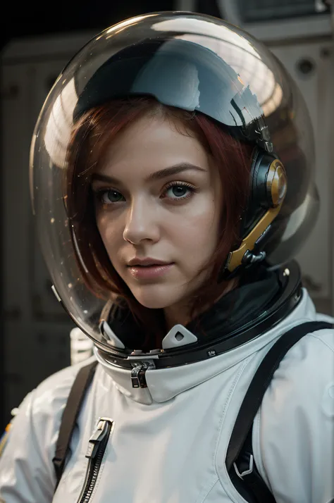 (best quality, masterpiece:1.3), thick outlines, face highlight, detailed face, detailed skin, 1girl, ribbed bodysuit, bubble helmet, red hair, messy hair,  floating, zero gravity, helmet, space helmet, armor, spacesuit, pilot suit, scifi, science fiction,...