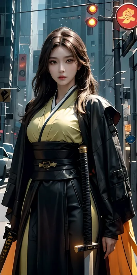 photorealistic, high resolution, soft light,1women, solo, hips up, (detailed face), yellow long hair, cybersamurai, cyborg, cyberpunk,  cyber armor, holding weapon,glowing,on the street , kimono , sniper looking at the target, katana,cloak