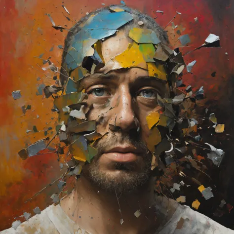 sharpened man with a broken head and a colored background, inspirado em Sam Spratt, Directed by: Sam Spratt, hiper-realismo colorido, intricate oil painting artwork, Hyperrealistic mixed media, autorretrato hiper-realista, Hyper-realism of the fine arts, r...