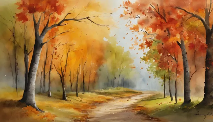 A dirt road，There are maple trees on both sides，There are fallen leaves，Scattered on the ground