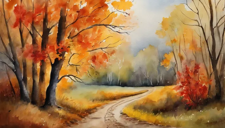 A dirt road，There are maple trees on both sides，There are fallen leaves，Scattered on the ground