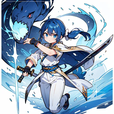 Male teenager、Blue-haired、long pony tail、White china clothes、White pants、A dark blue blue dragon sword in his hand、jumpping、Bright and bullish look