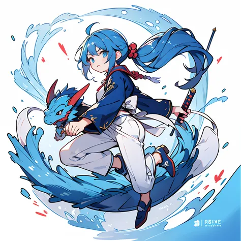 Male teenager、Blue-haired、long pony tail、White china clothes、White pants、A dark blue blue dragon sword in his hand、jumpping、Bright and bullish look