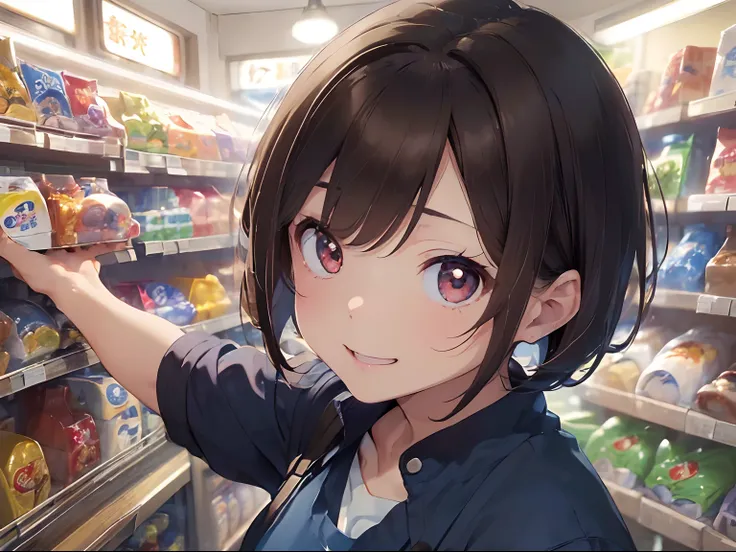 (((超A high resolution)))、(((​masterpiece)))、(((super precision)))、(((hightquality)))、
(((One Woman)))、(((Short Bob Hair)))、(((Brown hair)))、(((Pupil brown)))、(((Little hanging eyes)))、
Smiling、cheerful、kawaii、friend&#39;s wife、
(((wearing a blue convenienc...