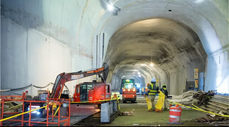 there are construction workers working on a tunnel in a building, photo taken in 2 0 2 0, inside the tunnel, underground facility, train in a tunnel, tunnels lead to different worlds, high walled tunnel, construction, underground tunnel, recognizable, 2 0 ...