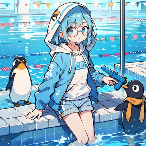 Male teenager、lightblue hair、straight haired、blue eyess、Wearing borderless round glasses、Blue Hoodie、Wearing a hood、White shorts、Hold a water gun、bright expression、With the Penguins、The weather is sunny、Pool in the background