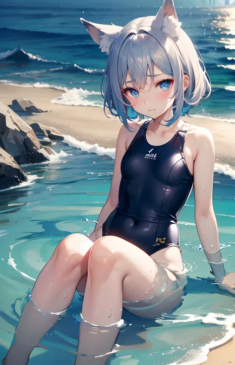 ​masterpiece,Top image quality,hight resolution,imagem 4k,Raw photo,Photorealsitic,{Solo},teens girl,Embarrassment,Silverberry Shorthair,stare at each other,,Blue eyes,小柄,small tits,Silver fox ears,Fox tail,boyish,sand beach,waking up,swim wears ,water gun...