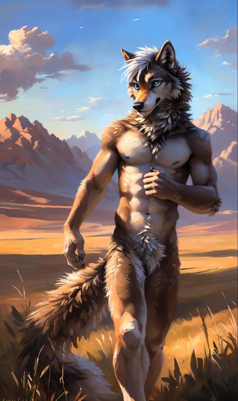 ((Solo)), male people, anthro wolf, (Multi-colored fur, White-brown:1.3，White tail pointed), (Height 2.1m,Tail length 1.2m), ((Wolf face, White hair, Big eyes, White eyelids, Blue pupil, Slim:1.2) (Tough, Calm expression:1.2)), Abs, Slim, pinging)), (Corre...