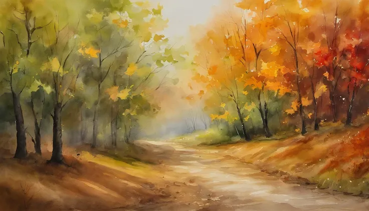 A dirt road，There are maple trees on both sides，There are fallen leaves，Scattered on the ground