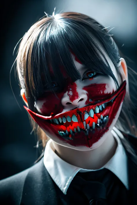 Red Eyes, Vampire tooth fangs, Boolean surface, Blood from the mouth, Smirk,Bat Wings, Scary smile, Psychopathic smile, Psychopath smile, Scary, Oral Opem, Angry eyes, Vampire, Dark sky background, Red + Blue + Green, Shining red moon