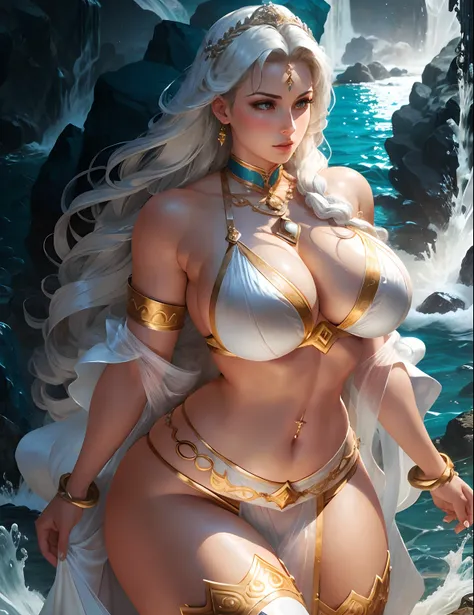 Masterpiece, Best Quality, (Perfect Face:1.1) , (High Detail:1.1), Hera, Goddess of Motherhood and Chastity, Bathing Scene, Dramatic, Female Triplets, Breasts, White Hair, Gray Hair, Blue Eyes, Cleavage, Long Hair, Curvaceous, Big, Moon, See-through, Night...