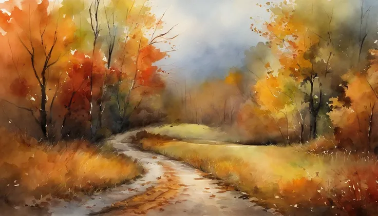 There are fallen leaves，Scattered on the ground，dirt road，Watercolor style