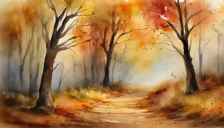 There are fallen leaves，Scattered on the ground，dirt road，Watercolor style