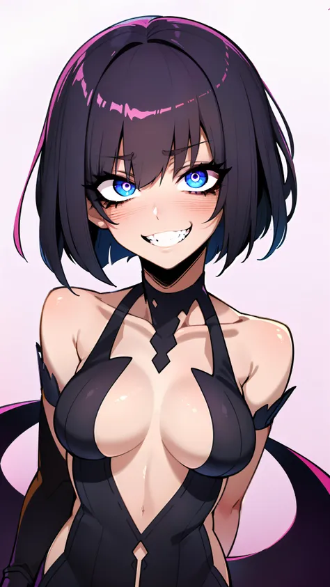 1girl, glowing, glowing eye, short hair, smile, teeth, upper body, upper teeth only, ringed eyes, shaded face, long dress, gradient background, 2d art, splash art, illustration, digital art, best quality, hard shading